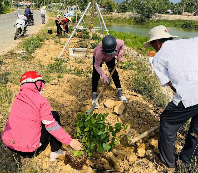 Hội viên nông dân ở thôn Thế Thạnh I và Phú Văn xã Ân Thạnh đang trồng các loại hoa tạo cảnh quang môi trường xanh, sạch, đẹp